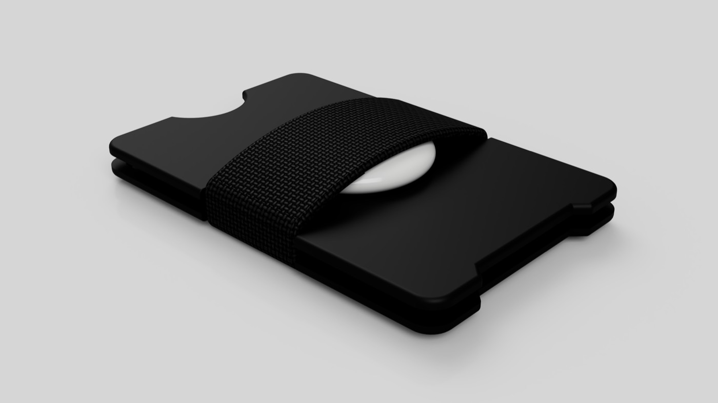 Black aluminum Natan card wallet with an integrated AirTag